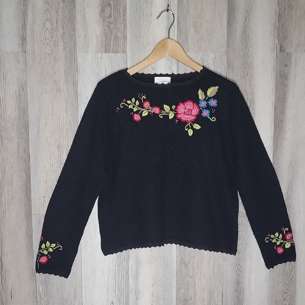 Christopher & Banks Womens L Vintage Hand Embroidered Sweater Wool Grannycore